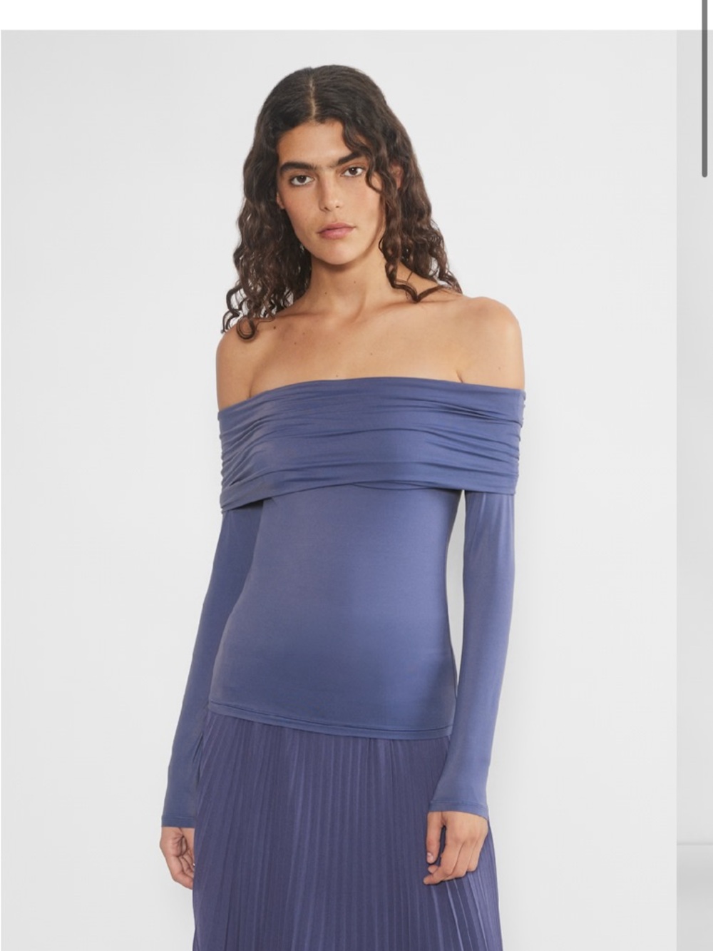 Aritzia Off-Shoulder Long Sleeve Top in Dusty Blue